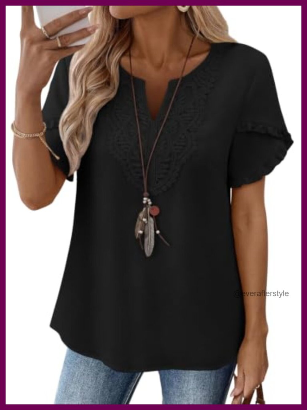 Womens Boho Lace V Neck Ruffle Sleeve Blouse Summer Top